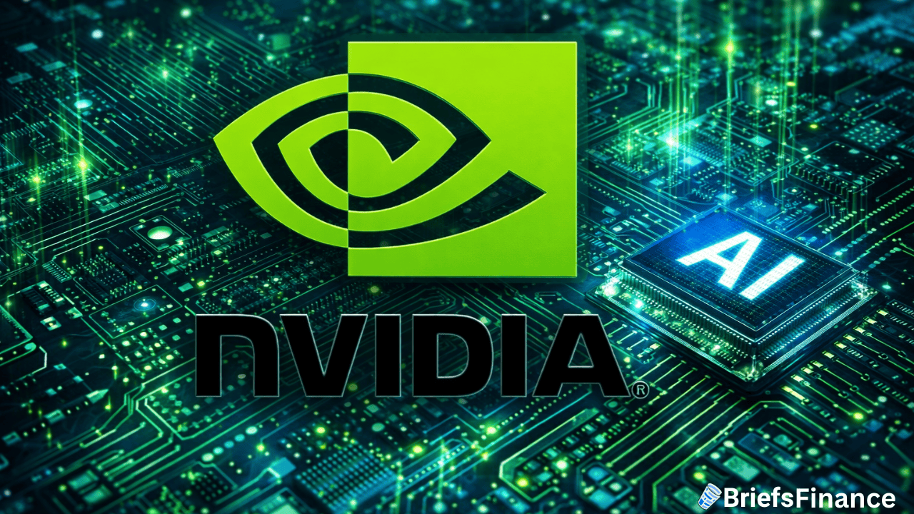 Nvidia logo overlaid on a digital circuit board, with a glowing chip labeled "AI" and BriefsFinance watermark in the corner.