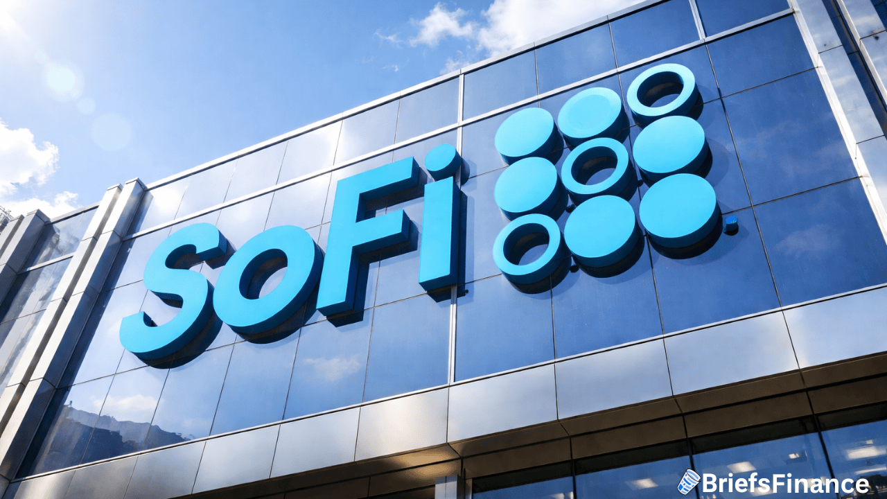 Exterior view of a modern building featuring a large, blue SoFi logo on reflective glass panels under a partly cloudy sky.