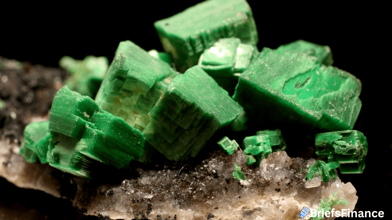 Close-up of vibrant green crystals clustered on a rough brown and white mineral base.
