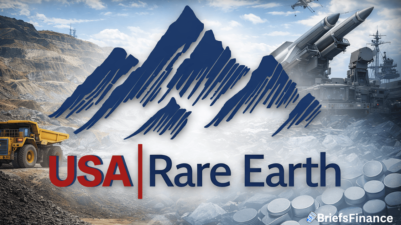 A graphic with "USA Rare Earth" text, a mountain illustration, mining trucks, rare earth metal discs, and military vehicles in the background. “BriefsFinance” logo in the corner.