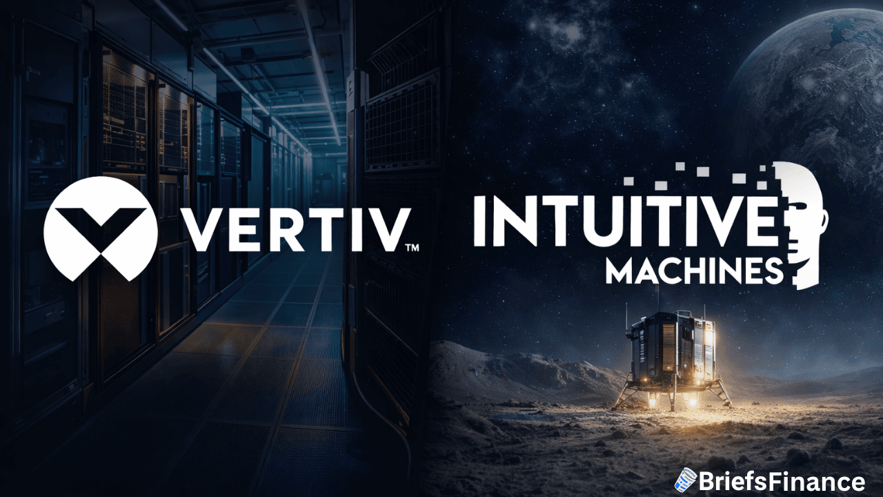 Vertiv logo over a data center background on the left; Intuitive Machines logo and a lunar lander on the moon's surface on the right; BriefsFinance watermark at bottom right.