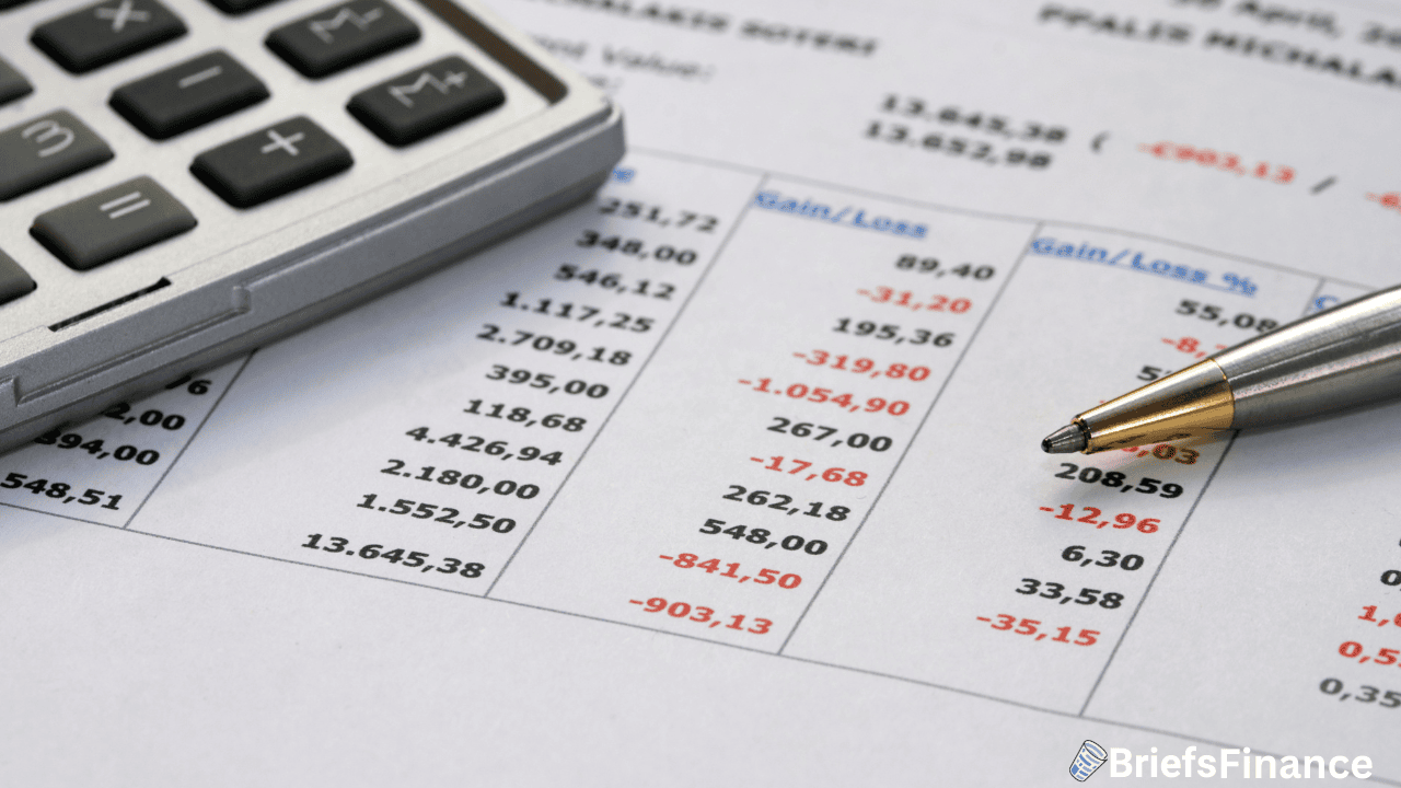 A calculator and pen rest on a financial statement displaying gain and loss figures in red and blue, with the BriefsFinance logo in the corner.