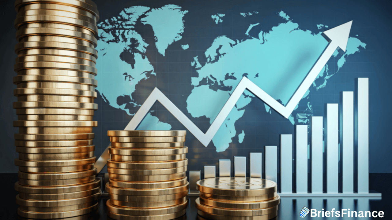 Stacks of gold coins in front of a rising line graph and bar chart, with a world map in the background and the BriefsFinance logo in the lower right corner.