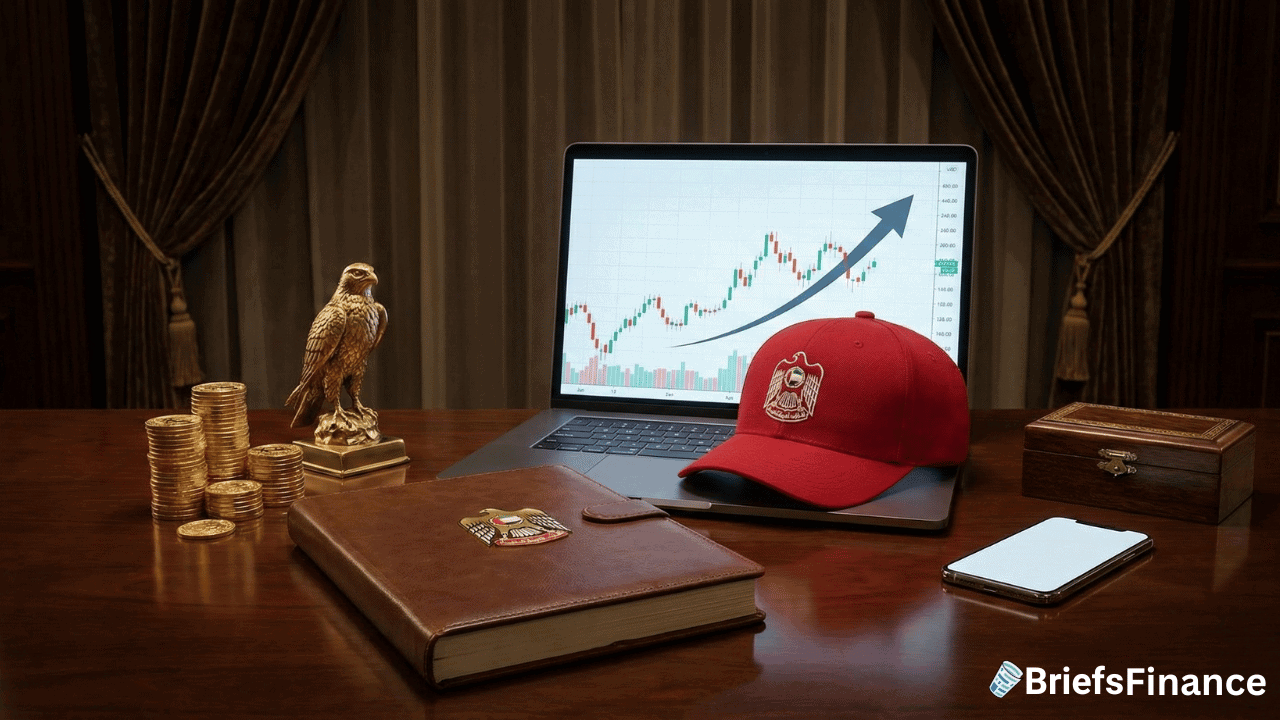 A laptop displays a rising stock chart beside gold coins, a falcon statue, a red cap, a leather-bound book, and a smartphone on a wooden desk—hinting at crypto investment opportunities.