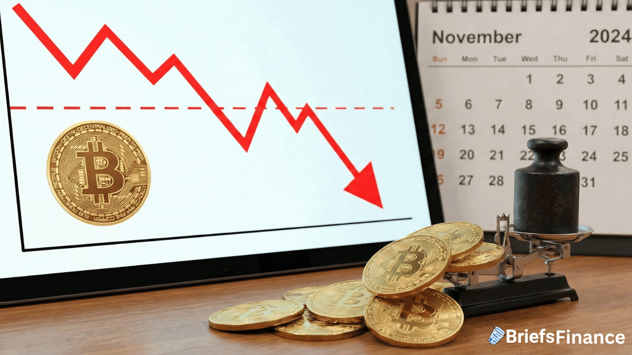 A monitor displays a downward trending red graph with a Bitcoin Price symbol, while Bitcoin coins balance on a scale next to a November calendar, highlighting market volatility.