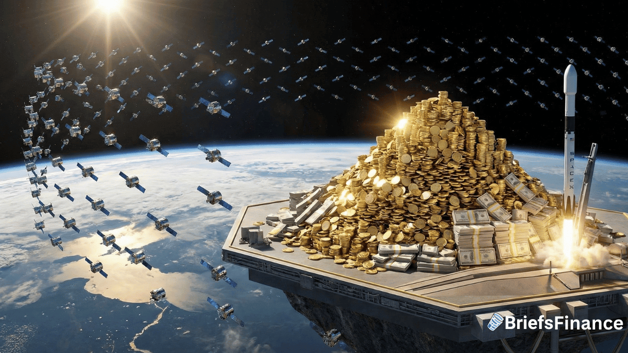 A large pile of gold coins, cash, and a rocket—evoking SpaceX—sit on a platform above Earth, surrounded by satellites in space; BriefsFinance logo in the corner.