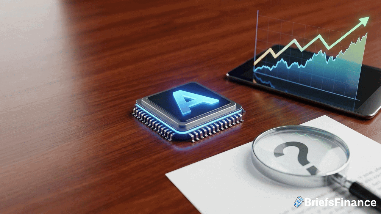 A computer chip with the letter A, possibly hinting at AMD’s advanced chips, a rising graph on a tablet, and a magnifying glass over a question mark on paper, all placed on a wooden desk.