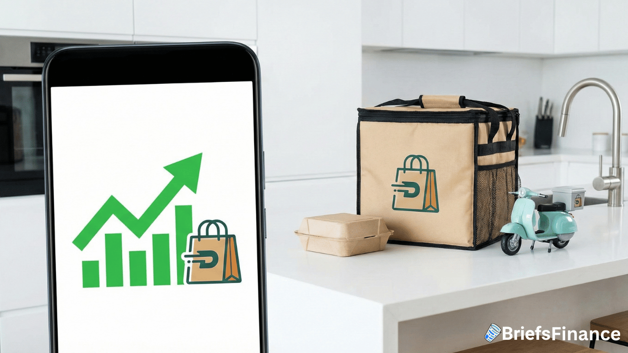 A smartphone displaying a rising bar graph with the Uber food delivery logo, next to delivery bags, containers, and a toy scooter on a kitchen counter—highlighting impressive fourth-quarter revenue of $14.37 billion.