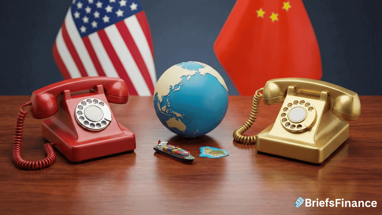 A red and gold rotary phone sit on a table with a globe, a toy ship, and a map, with US and China flags in the background.