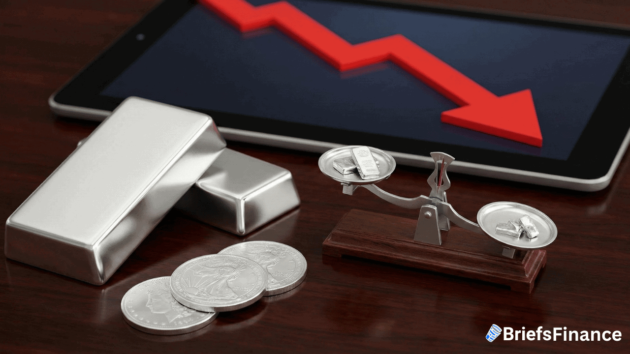 Silver bars and coins, a balance scale with money, and a tablet displaying a red downward trend arrow, illustrating analysts' concerns over the recent price drop in silver prices.