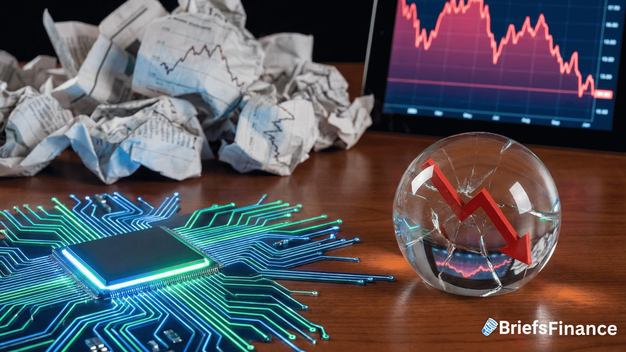 A shattered glass globe with a red downward arrow, a computer chip, crumpled financial papers, and a tablet showing a falling stock chart on a desk symbolize turbulence in the Software Sector amid growing AI concerns.