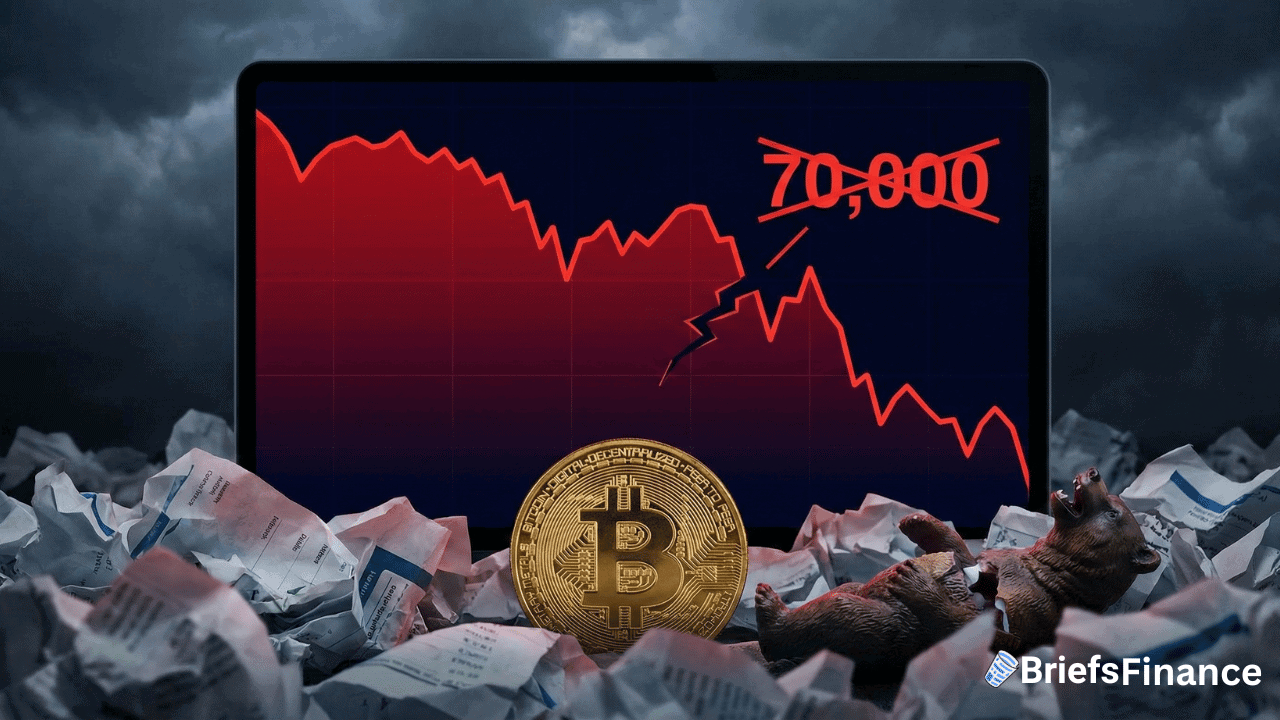 A Bitcoin coin and bear figurine sit in front of a laptop displaying a downward-trending Bitcoin price chart breaking below 70,000, hinting at a sell-off, with scattered papers all around.