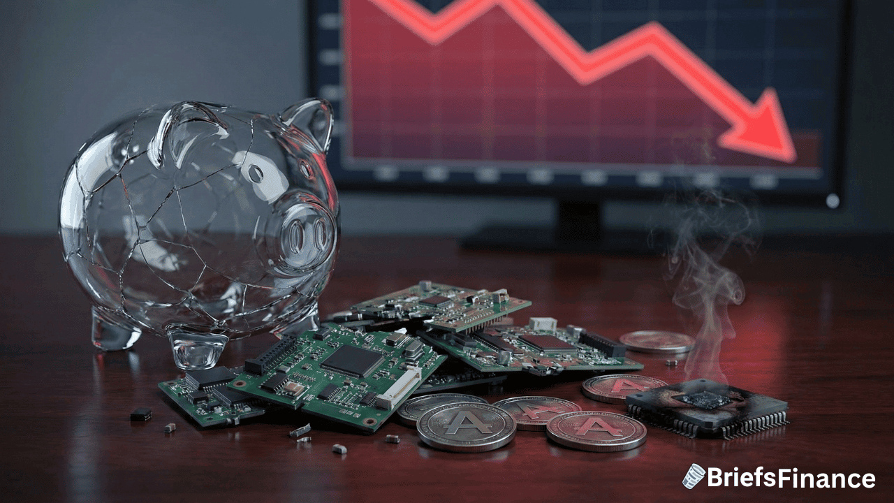 A shattered glass piggy bank, broken computer components, and coins sit on a desk as a red downward graph signals declining AI spending and market value on a monitor in the background.