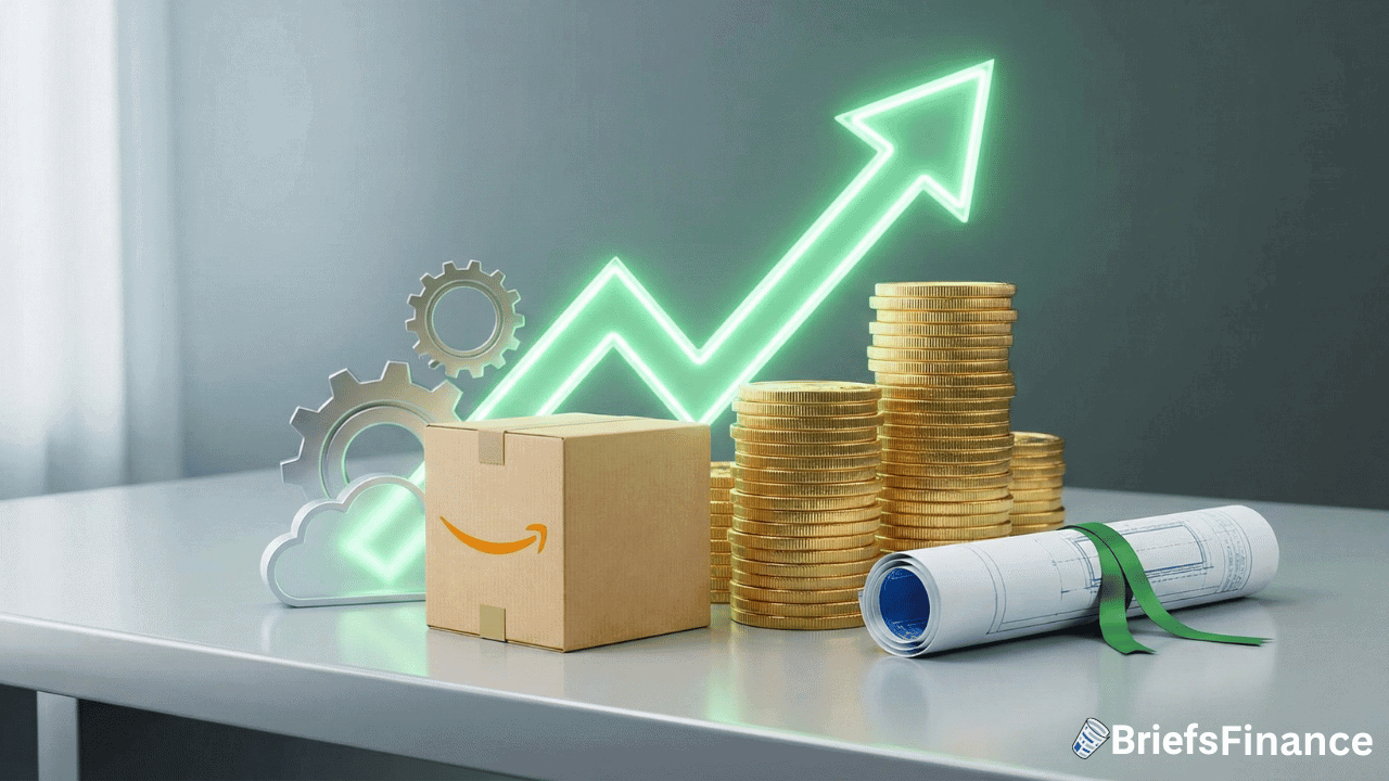 A stack of gold coins, a cardboard box with the Amazon logo, metal gears, rolled blueprints, and an upward green arrow symbolize financial growth driven by Amazon AI investment and advancements in AI infrastructure on a desk.