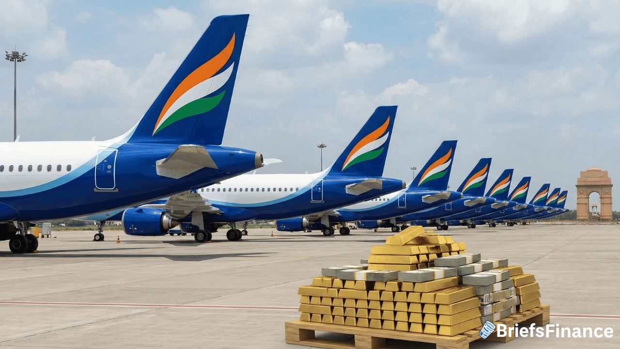 Row of Boeing aircraft parked on an airport tarmac alongside stacks of gold bars and silver ingots worth $80 billion; iconic India Gate stands in the background.