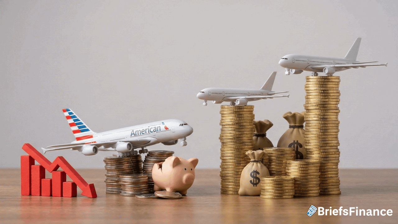 Three toy airplanes, representing American Airlines and its rivals, sit atop stacks of coins and money bags, with a piggy bank, coins, and a downward red graph in the foreground. "Briefs Finance" logo is in the bottom right corner.