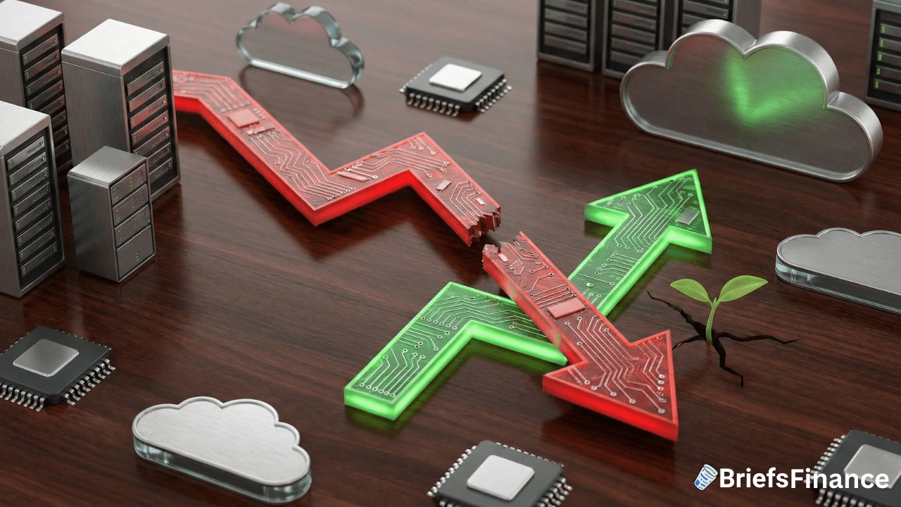 Red and green arrows point in opposite directions among metallic computer components, symbolizing fluctuating Stock Market or Big Tech Stocks trends, with a small plant sprouting from the surface.
