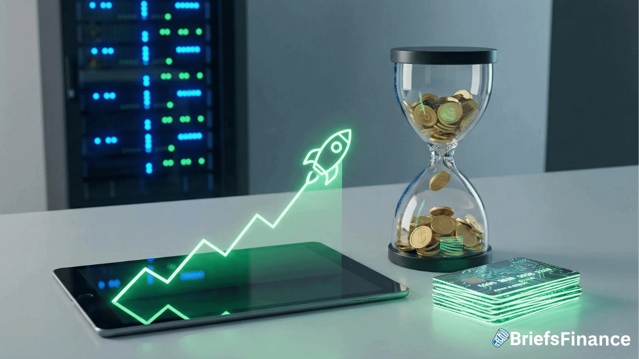 A tablet displays a holographic upward arrow with a rocket, symbolizing ChatGPT Growth; next to it are an hourglass with coins and stacked cards, referencing OpenAI funding. Servers are in the background.