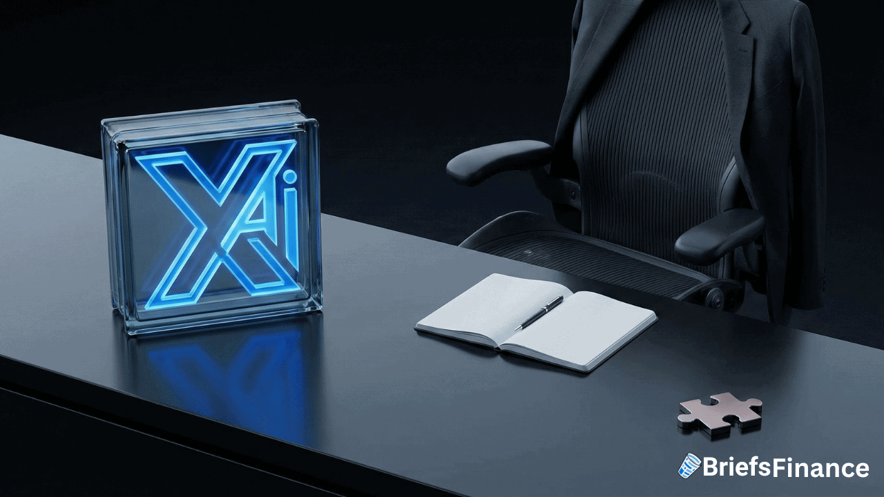 A glass cube with "X Ai" in neon blue, an empty office chair, an open notebook, and a puzzle piece on a black desk; "BriefsFinance" logo in the corner.