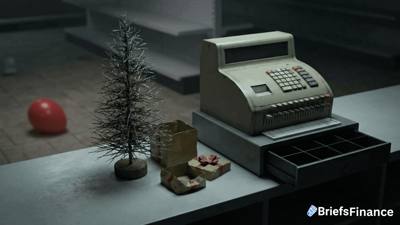 A small artificial Christmas tree, three wrapped gifts, and an old cash register sit on a counter, evoking classic December retail sales; a red balloon rests on the floor in the background.