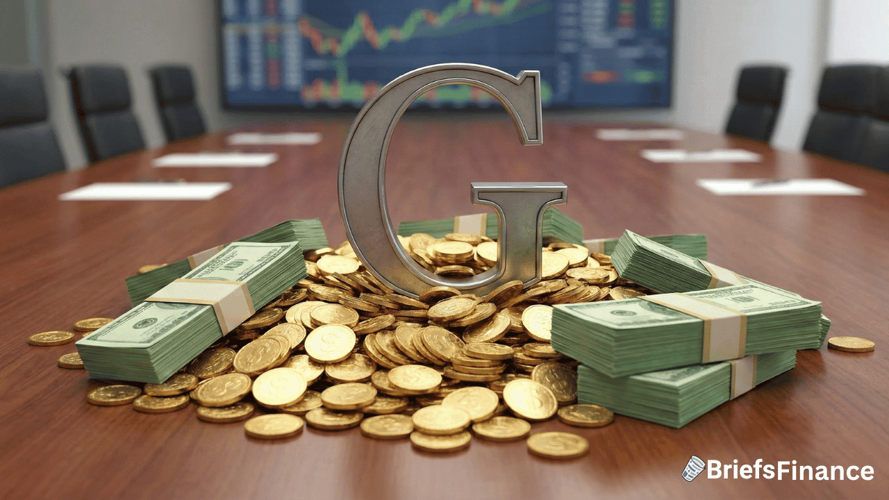A large metallic letter "G" is surrounded by stacks of cash and gold coins on a conference table, highlighting Alphabet's $30 billion debt sale with strong demand, as financial charts are displayed on a screen in the background.