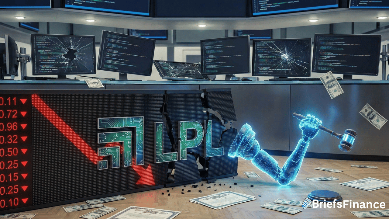 A digital gavel shatters a stock market display with the LPL logo as computer monitors glitch and paper money falls, symbolizing AI disruption and turmoil in financial stocks.