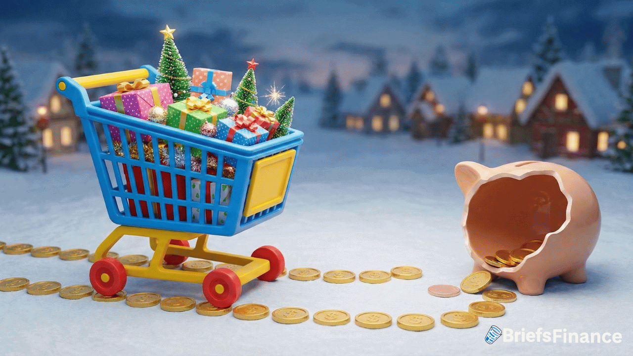 A Walmart toy shopping cart filled with Christmas gifts and trees follows a trail of coins from a toppled piggy bank, with houses decorated for the holidays in the background, capturing the spirit of sales growth this festive season.
