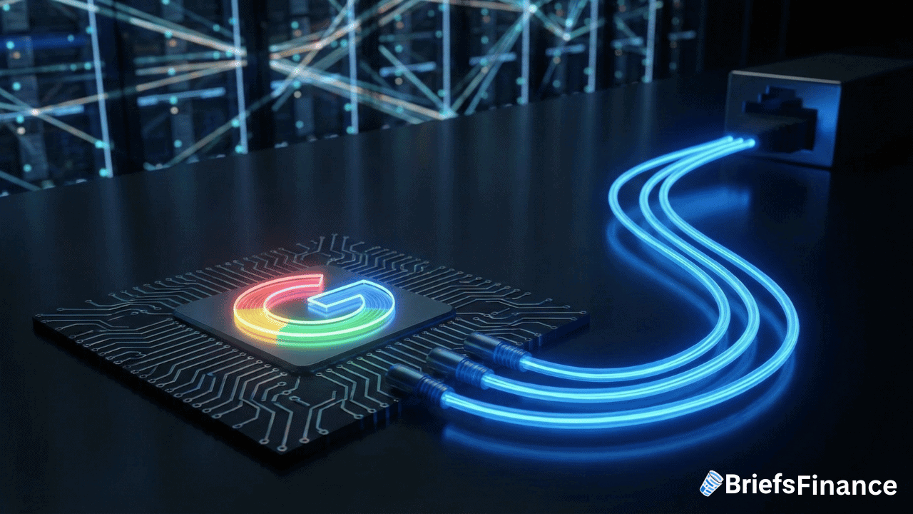 Three glowing blue cables connect a microchip with a Google logo to a network port, symbolizing data transfer or cloud computing, hinting at Google trade secrets, with the BriefsFinance logo in the corner.