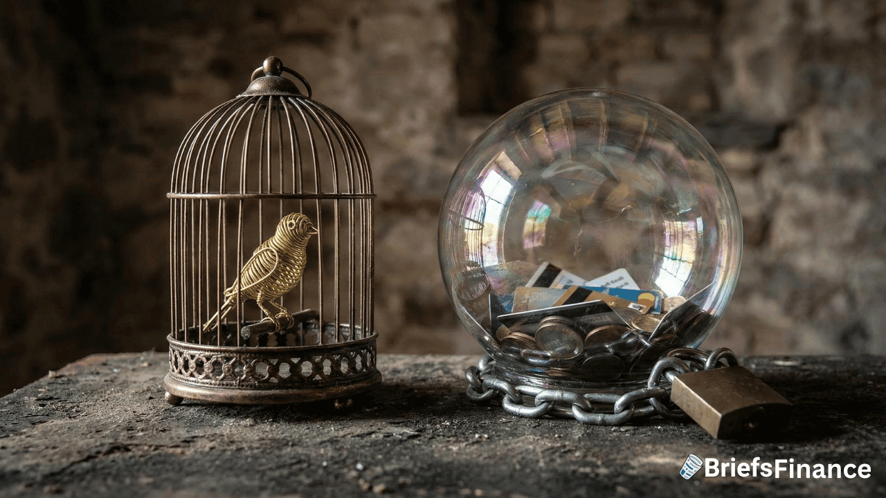 A gold bird figurine in a small birdcage sits next to a glass sphere containing coins and cards, secured with a chain and padlock. BriefsFinance logo appears in the corner.