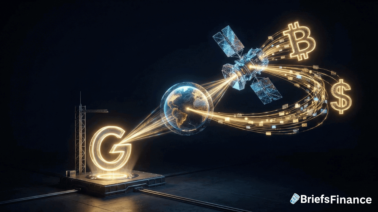 A digital illustration shows a glowing Google "G" launching data streams toward a satellite orbiting Earth with cryptocurrency and dollar symbols, next to a Briefs Finance logo.