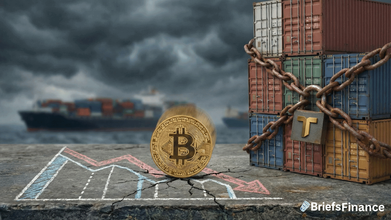 A Bitcoin coin on a declining graph, cracked concrete, cargo ship in background, and chained shipping containers, symbolizing financial and trade volatility amid a Crypto tariff announcement.