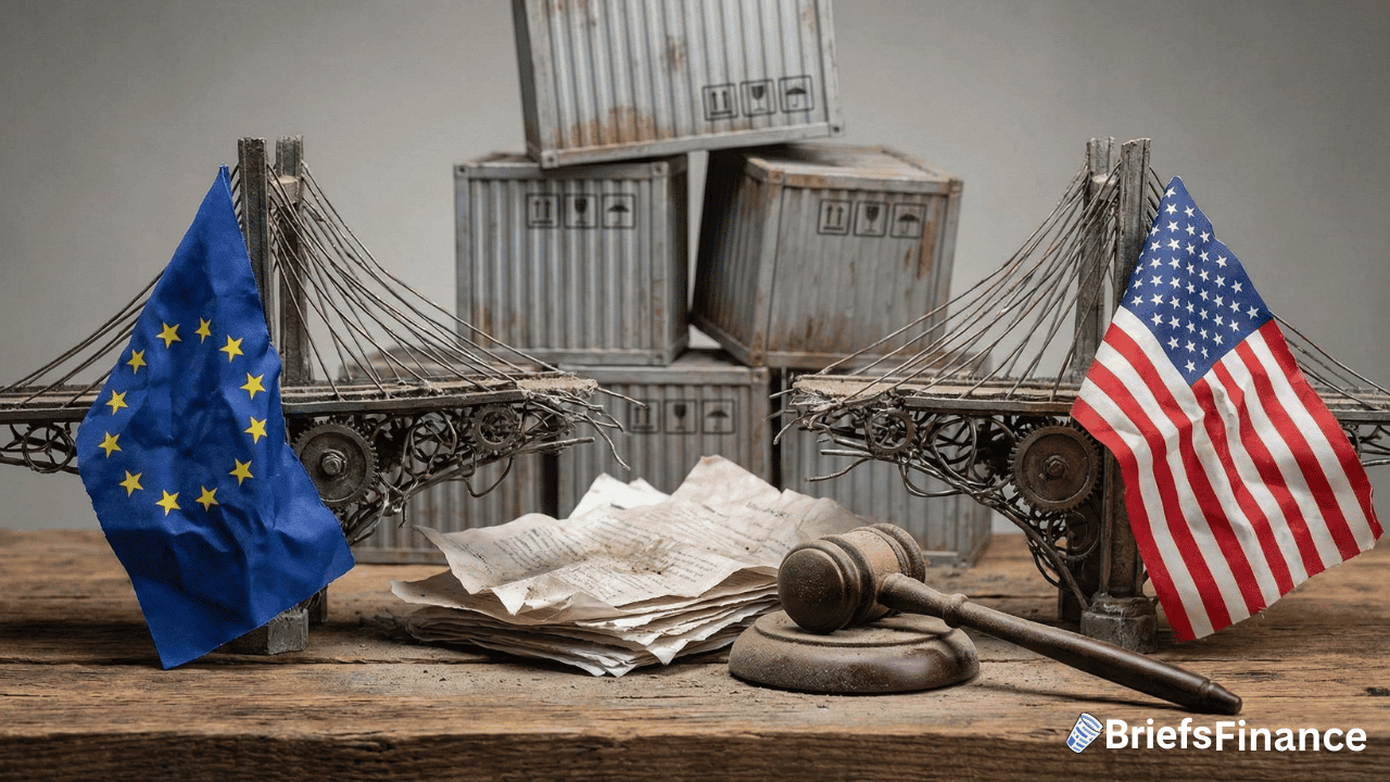 Model bridge with EU and US flags, a gavel, legal documents, and stacked shipping containers symbolize trade negotiations or disputes between the European Union and the United States.