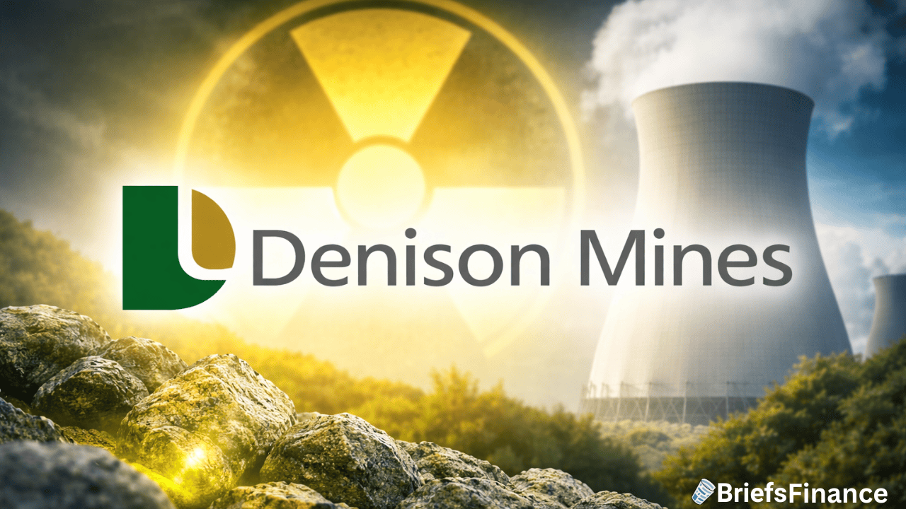 Denison Mines logo over a background featuring a nuclear power plant, a radioactive symbol, and rocks in the foreground.