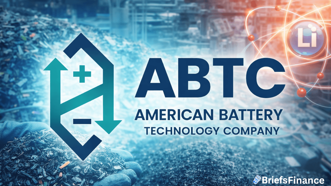 American Battery Technology Company logo over a background of battery recycling materials, with a lithium atom symbol in the corner and BriefsFinance branding.