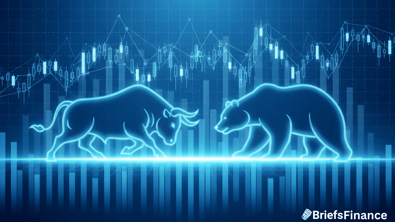 A digital illustration of a bull and a bear facing each other, with stock market charts and graphs in the background; BriefsFinance logo in the corner.
