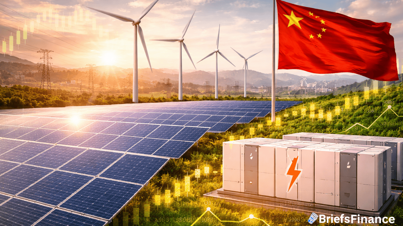 Solar panels, wind turbines, and battery storage set in a green landscape with a Chinese flag, representing clean energy development and the growing impact of Chinese energy stocks in China.
