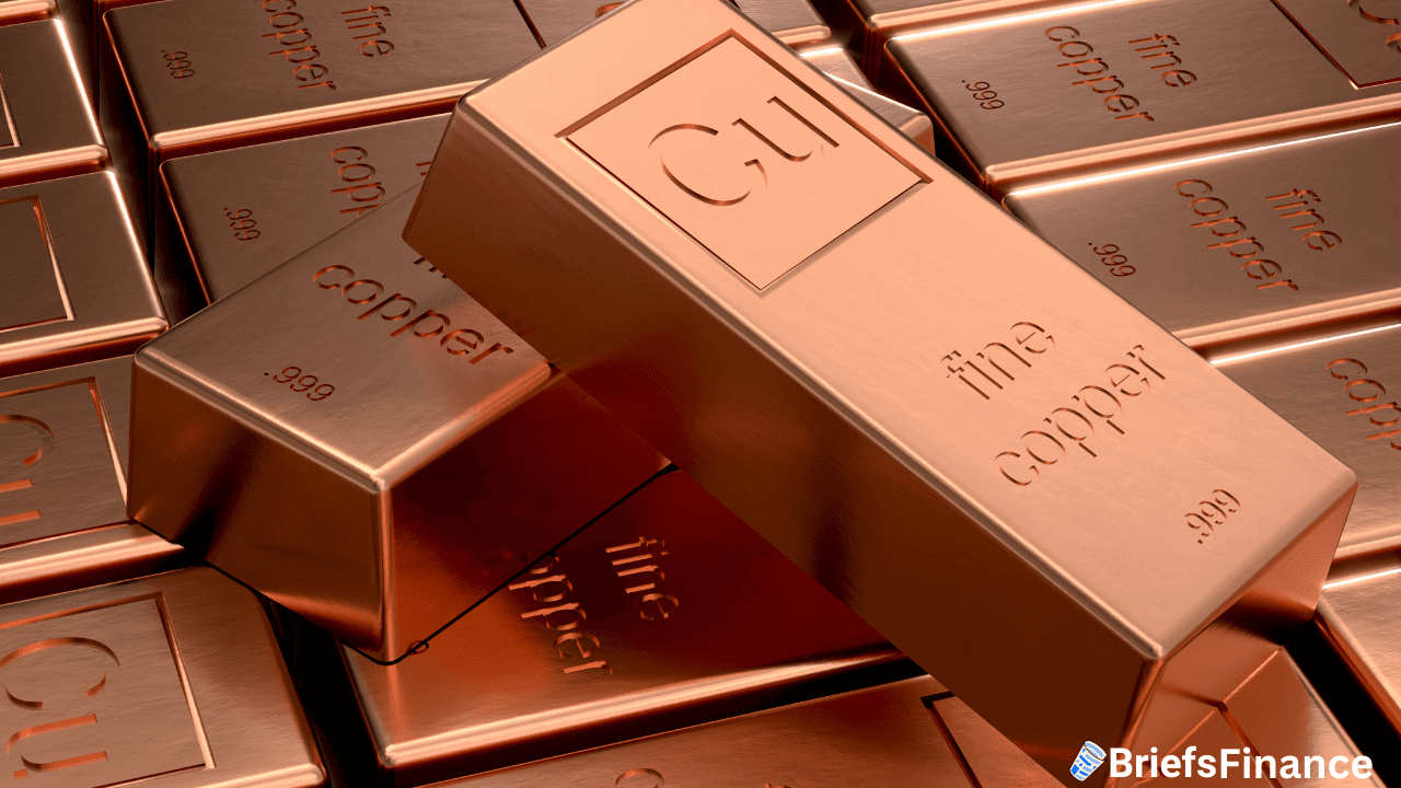 Several copper bars labeled "fine copper" and "Cu" are stacked together, with a "BriefsFinance" logo in the bottom right corner.