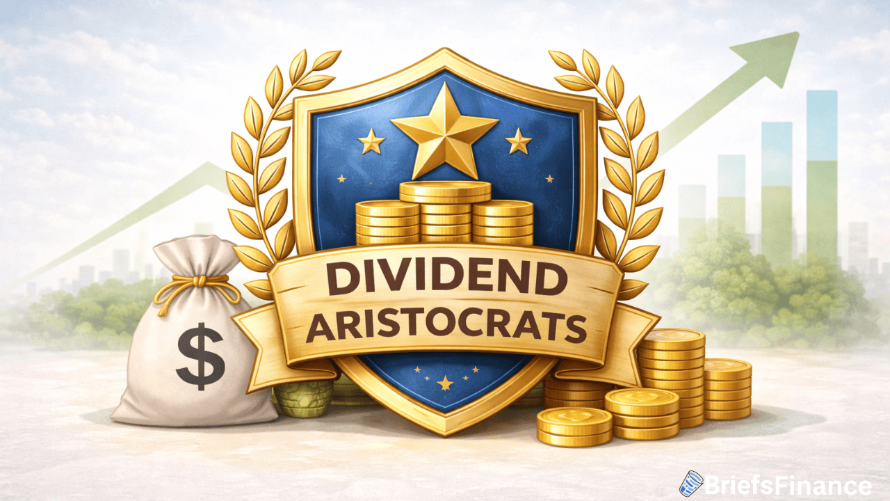 A shield with gold coins, a star, and laurel branches displays the text "Dividend Aristocrats"; a money bag and rising bar chart are in the background.