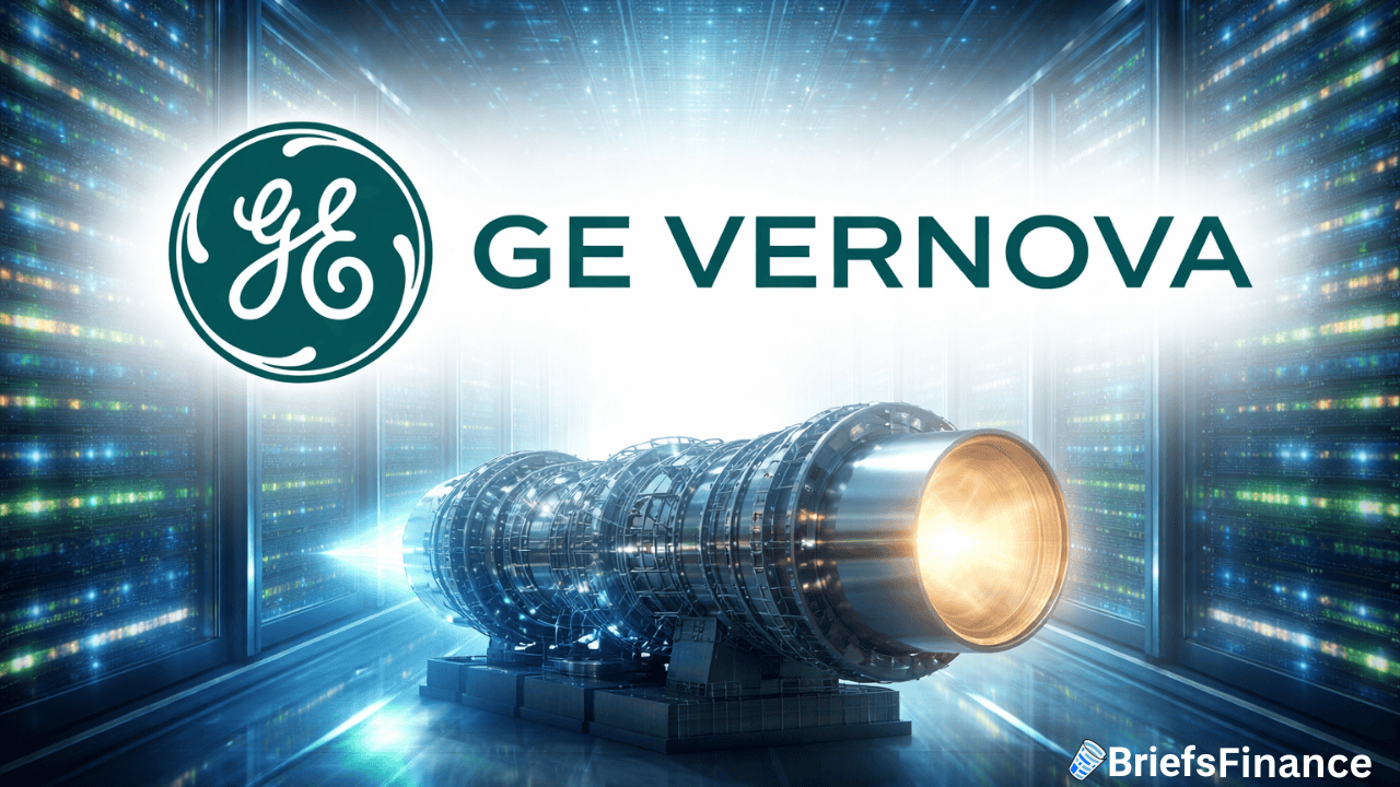 GE Vernova logo above a digital illustration of a glowing jet engine, set in a futuristic server room; BriefsFinance watermark in the corner.