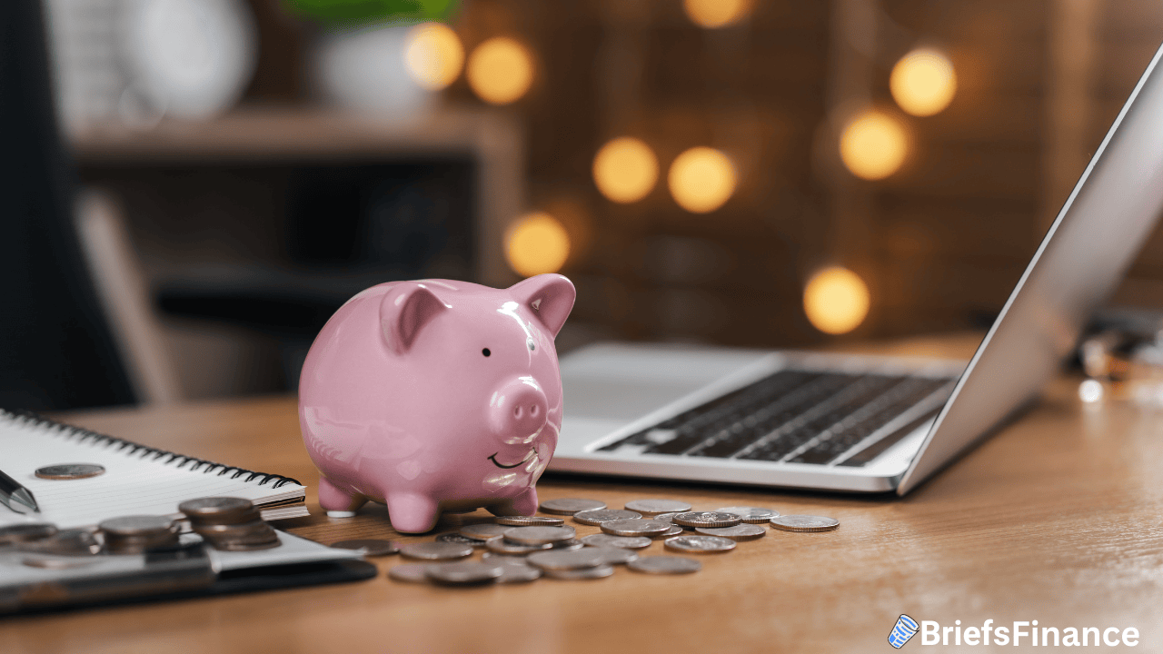 A pink piggy bank sits on a desk surrounded by coins, next to a notebook and an open laptop, with blurred lights in the background.