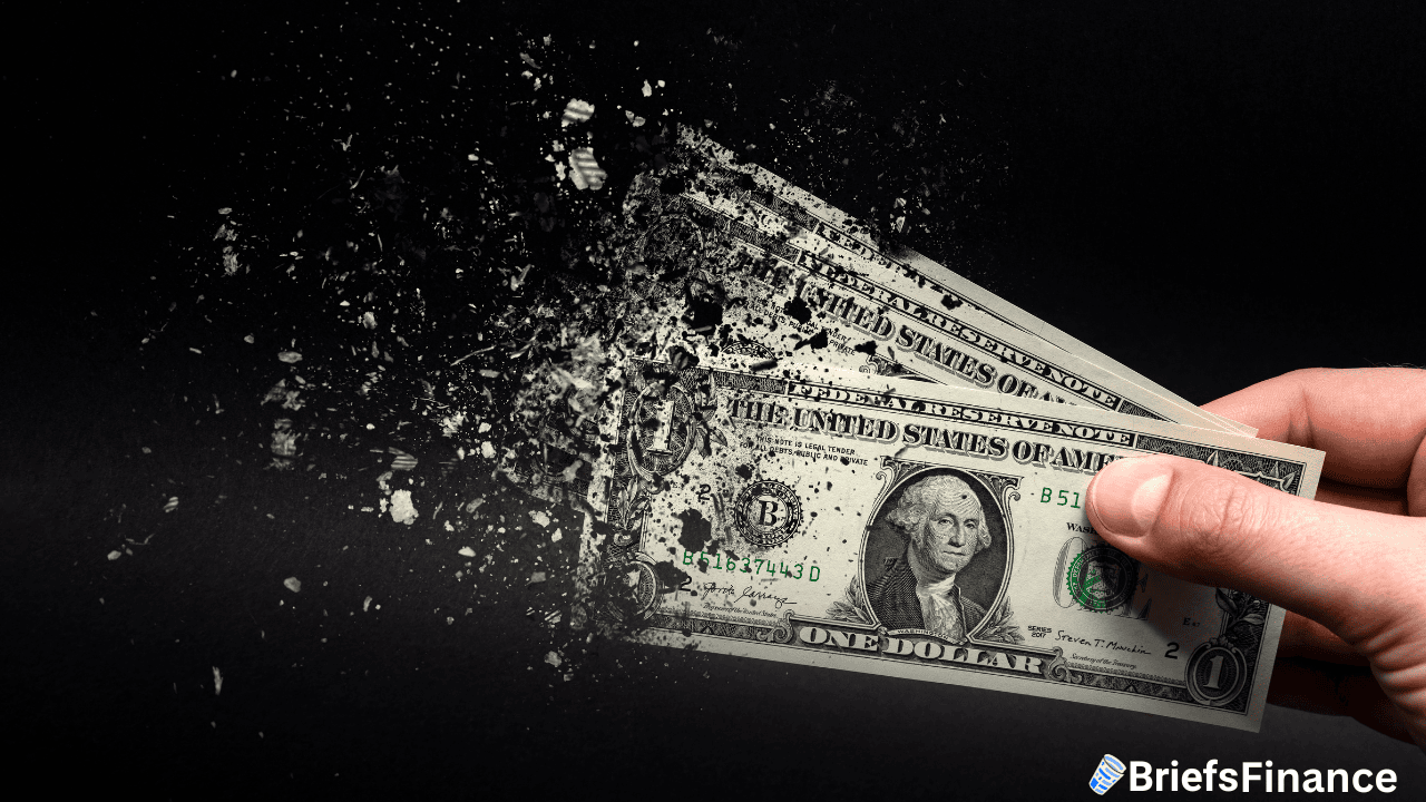 A hand holds dollar bills that appear to disintegrate into particles against a black background, with a BriefsFinance logo in the corner.