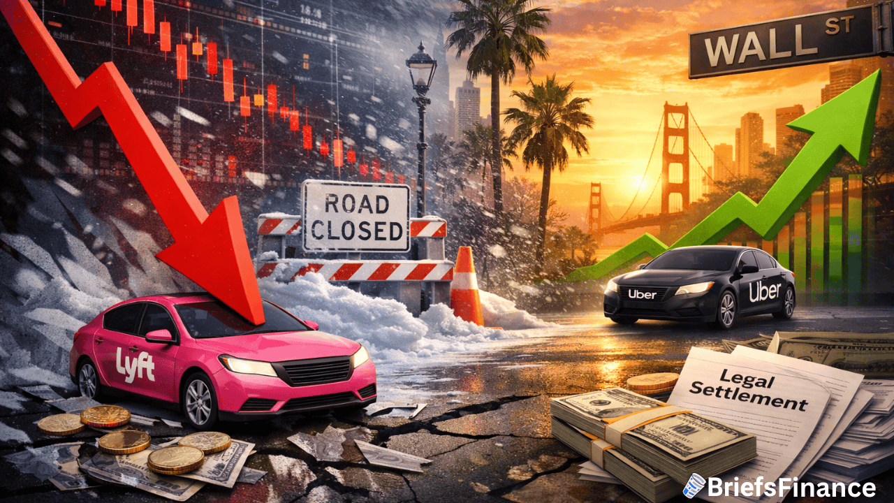 Lyft car under red falling arrow by a "Road Closed" sign signals declining shares; Uber car with green rising arrow, cash, and "Legal Settlement" on a Wall Street backdrop hints at surging revenue.