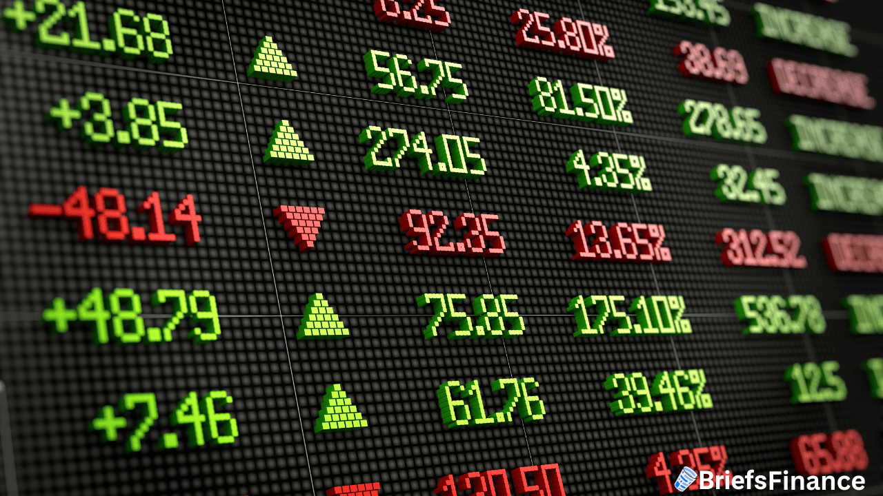 Digital stock market board displaying fluctuating numbers, with green numbers and upward arrows for gains and red numbers and downward arrows for losses. “BriefsFinance” logo in the corner.