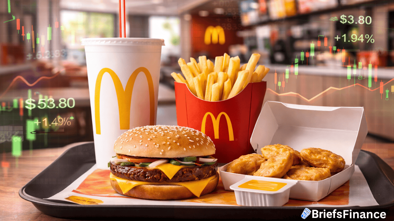 A McDonald’s meal with a burger, fries, nuggets, and a drink on a tray is overlaid with financial stock charts and price data, reflecting the recent movement in McDonald's shares after the company’s earnings report.