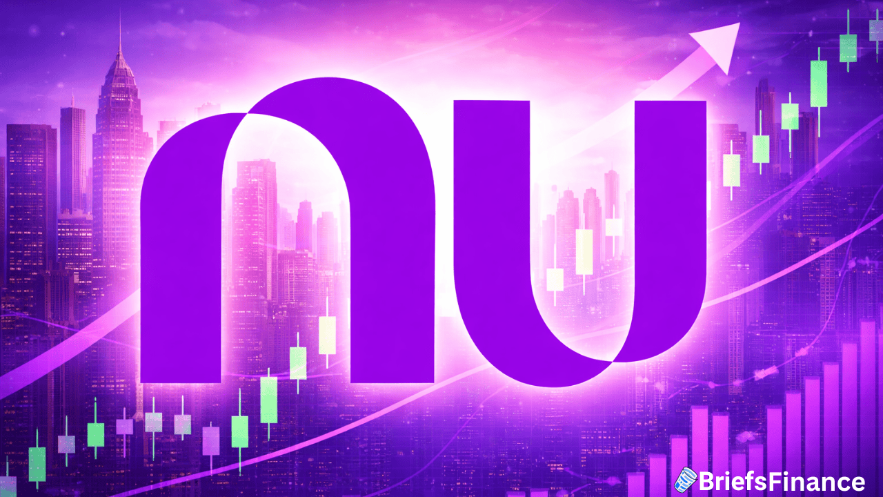 Large purple "NU" logo over a cityscape background with rising stock chart graphics, upward arrow, and BriefsFinance logo in the corner.