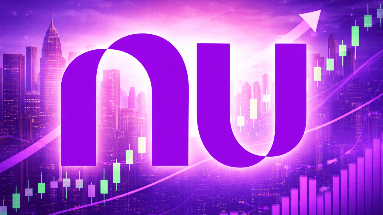 Large purple "nu" logo over a city skyline with upward-trending candlestick and bar charts, and an arrow indicating financial growth.