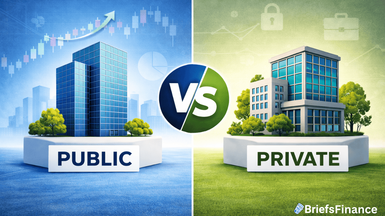 A split image compares a public company building on the left with a private company building on the right; "Public" and "Private" labels are displayed below each.