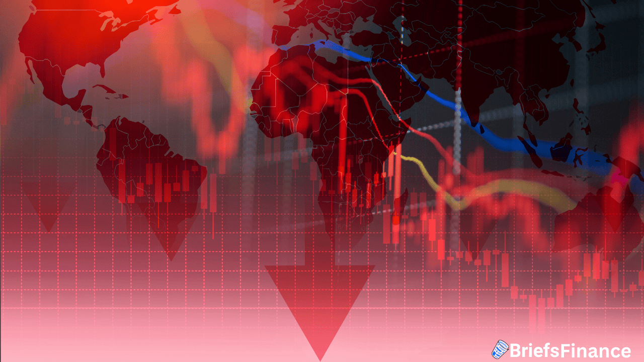 Red-tinted world map overlaid with downward-facing arrows and declining stock market graphs, suggesting a global financial downturn. BriefsFinance logo in the lower right corner.