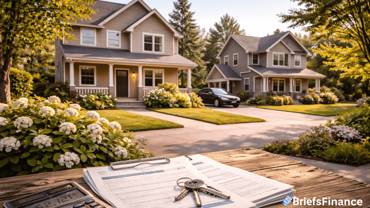 A set of house keys, a contract, and a calculator sit on a table outside, suggesting new deals for buyers, with two suburban houses and a parked car visible in the background.