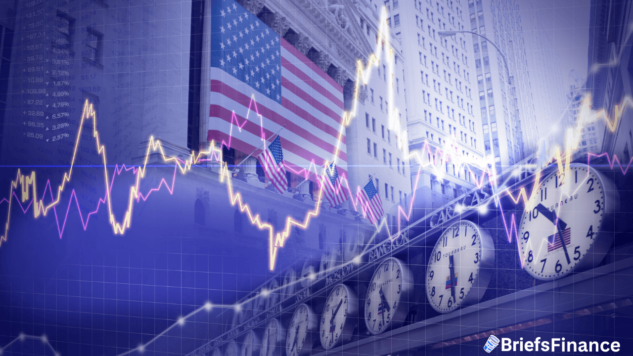 Stock market graph overlay on New York Stock Exchange building with American flag and row of clocks showing different time zones. BriefsFinance logo at bottom right.